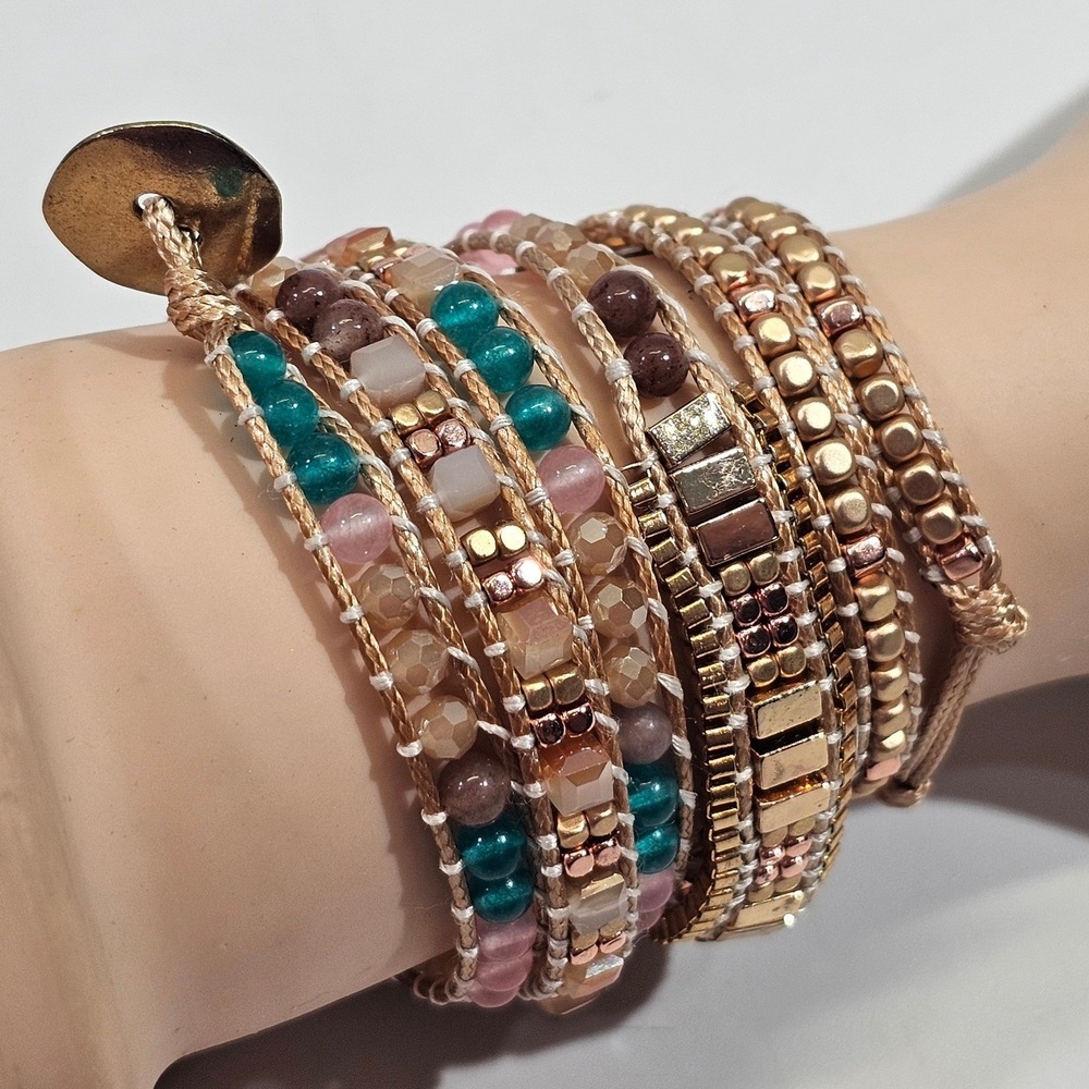 Free Spirit Beaded Wrap Bracelet Women OS Teal‎ Pink Gold Tone Boho Multi-Strand